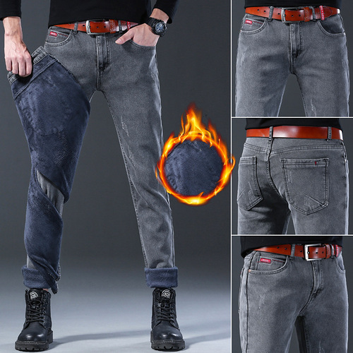 Velvet and thick jeans, elastic men's new winter style, slim slim-fitting pants, blue, all-matching, slimming, Korean trend