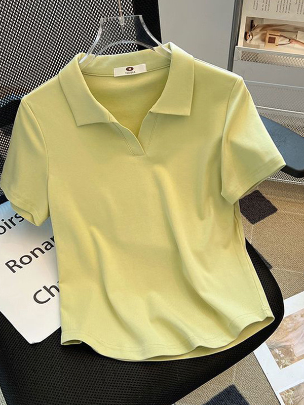 ポロラペル半袖 Tシャツ女性のための 2025 新しい夏ファット mm 右肩カバー腹痩身カーブヘムトップスシャツ|undefined