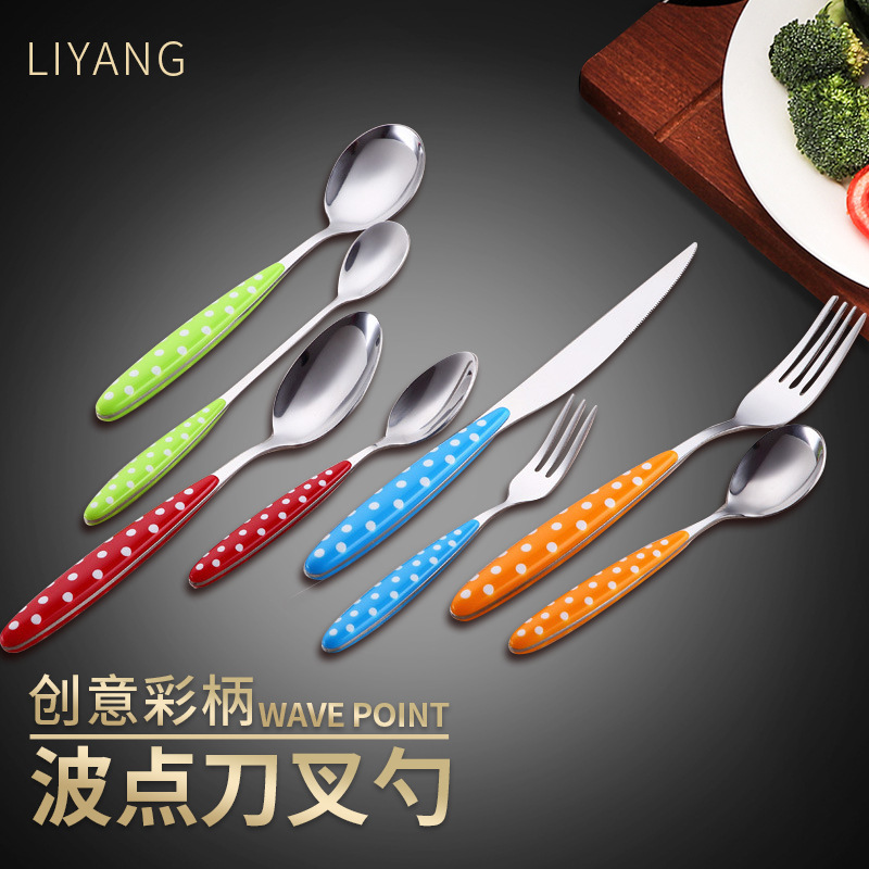 Stainless Steel Polka Dot Round Spoon Tableware Spoon Colorful Stainless Steel Spoon Clip Handle Western Steak Knife, Fork and Spoon Stainless Steel Polka Dot Round Spoon Tableware Spoon Colorful Stainless Steel Spoon Clip Handle Western Steak Knife, Fork and Spoon