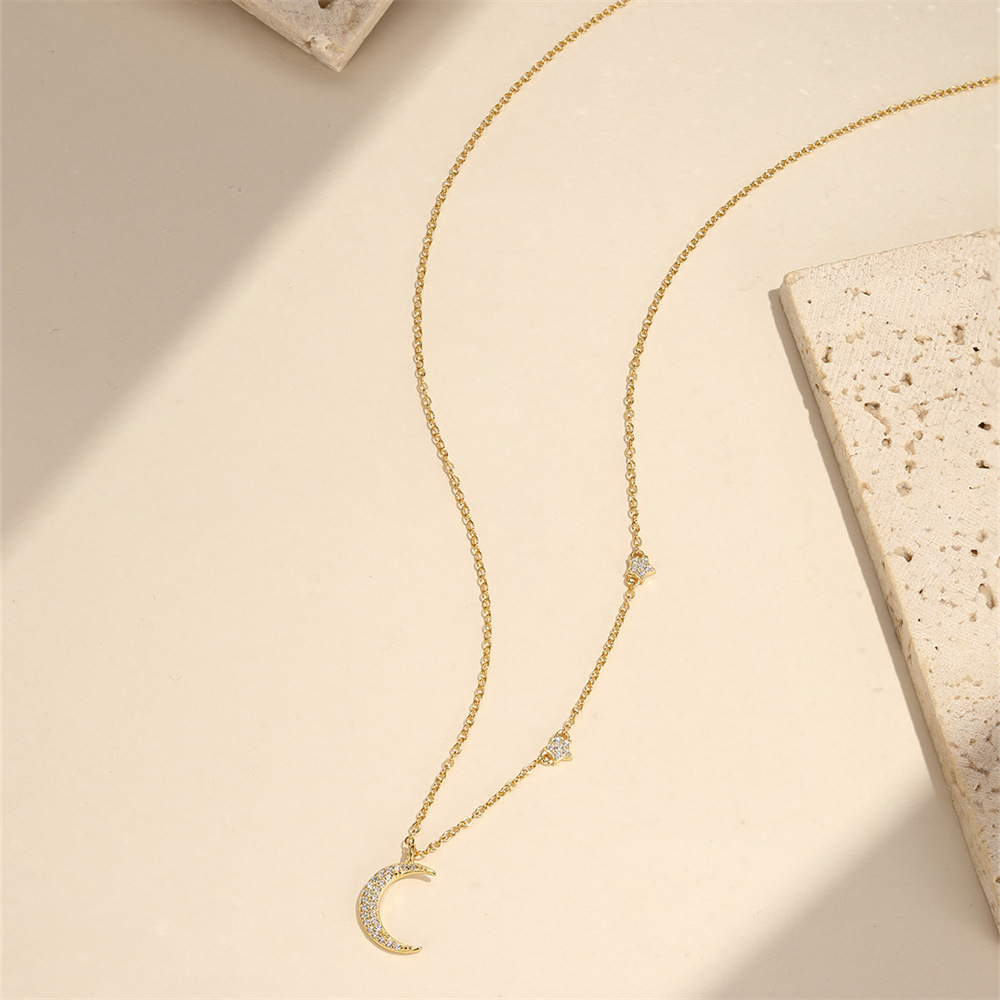 Star, Moon Pattern 925 Sterling Silver Zircon Cable Chain Plating Star Moon Pendant Necklace
