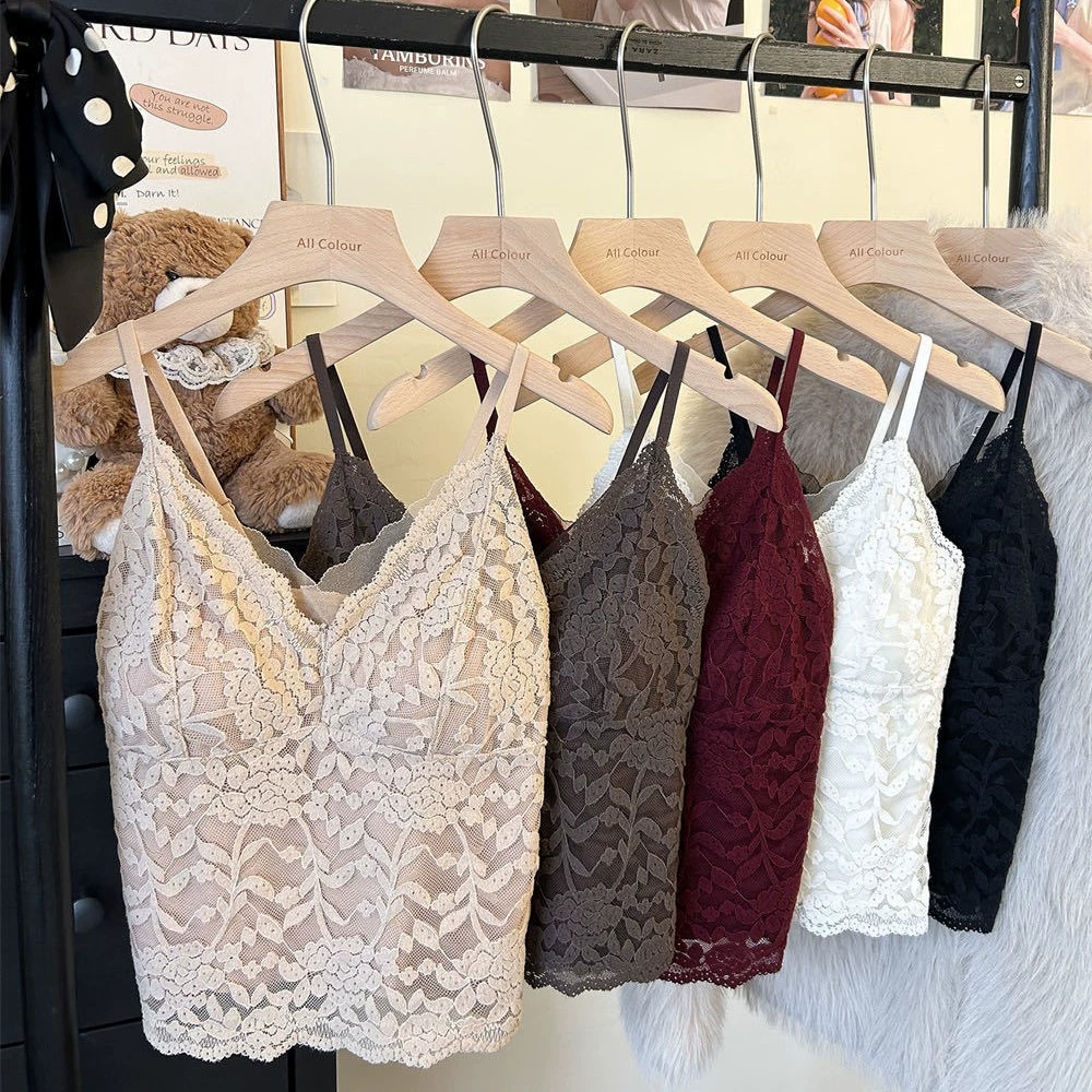 Autumn and Winter Lace Brushed Fleece-Lined Camisole for Women with Breast Pads, One-Cup Inner Layer, Warm and Beautiful Back Top for Women