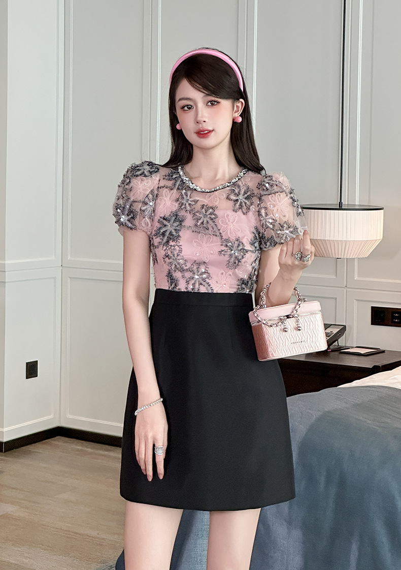 Đầm sequin thiết kế eo giả hai mảnh kiểu Pháp — Màu hồng đen chi tiết 8