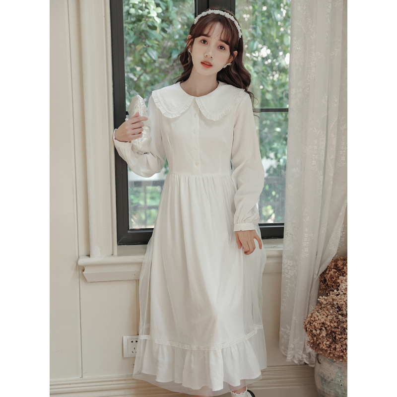 White Super Pretty and Ethereal Dress for Women, 2026 Spring and Autumn New Style, Doll Collar, Mesh Splicing Long Dress