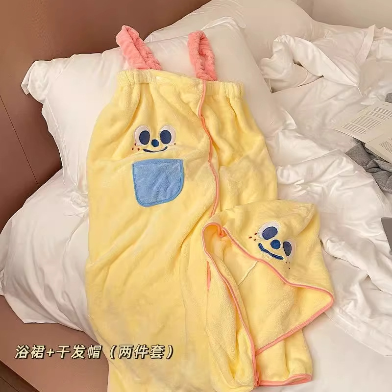 かわいいバスタオル、バスローブ、ウェアラブル速乾バススカート、女性用全身ラップ、家庭用タオル、ヘアドライキャップ、寮3点セット|undefined