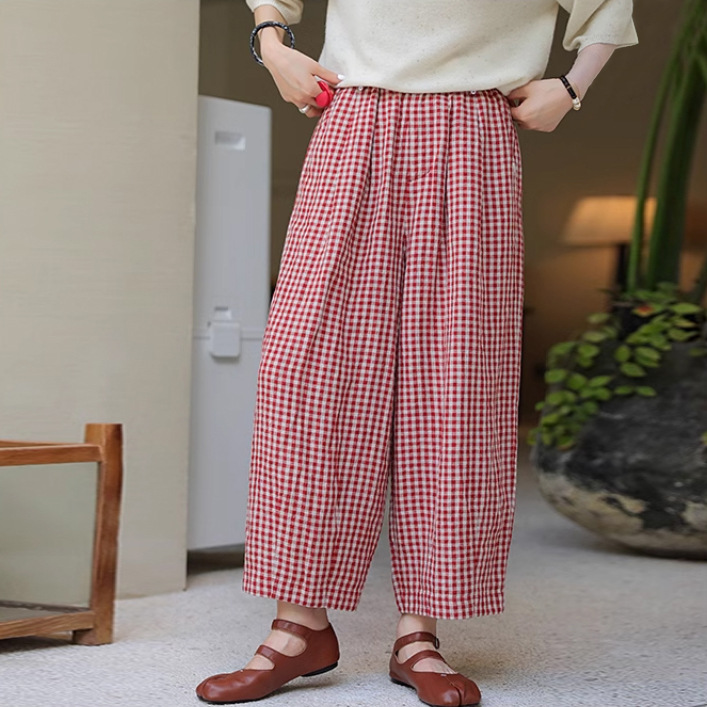 自然主义女装夏新品100%亚麻双色色织格休闲文艺复古萝卜裤