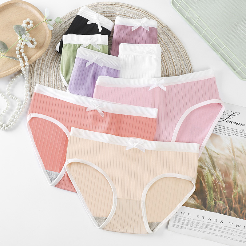 Summer multi-colored women's underwear for students and girls, breathable, mid-waist, seamless, cute bow.
