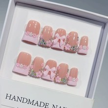 欧美爆款鸭嘴型美甲穿戴甲片法式甜美粉色蝴蝶结花朵小钻指甲贴片