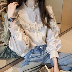 春秋の高級感レーススタンドカラーシャツ、新作デザイン、レトロなランタン袖、宮廷風トップス、ゆったりシャツ