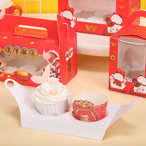 Factory direct sale cupcake box single box 2 red New Year cup cake packaging box portable transparent window