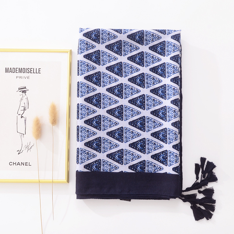 Venta caliente transfronteriza retro artístico púrpura azul triángulo patrón geométrico algodón y lino sentir bufanda Otoño e Invierno viajes chal