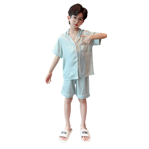 Summer thin set of boy's ice silk pajamas for middle and large children, two-piece summer short-sleeved shorts home wear for boys