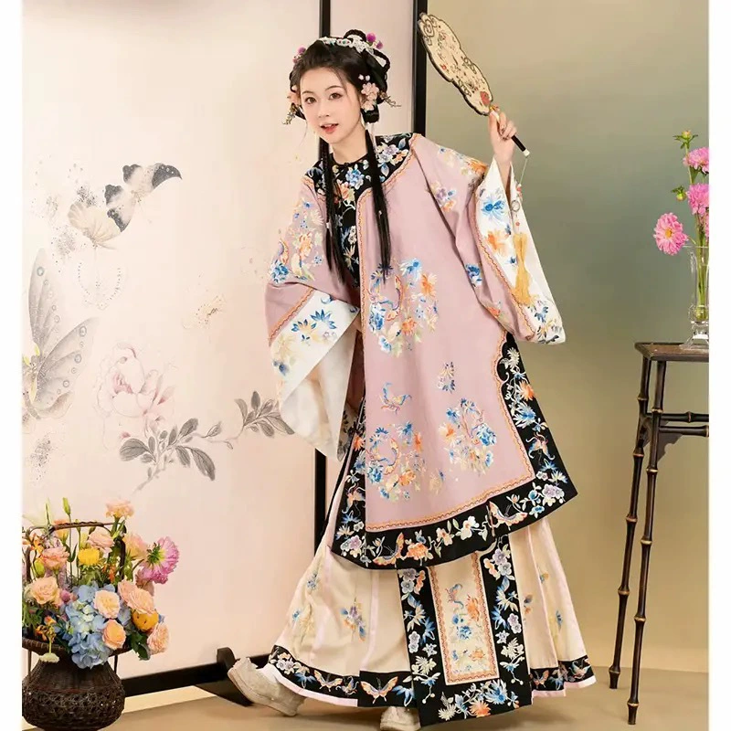 Оригинальная женская традиционная одежда династии Цин Tang Ji с перекрестной передней частью и круглым вырезом, этническая одежда с тяжелым принтом, осенний стиль.