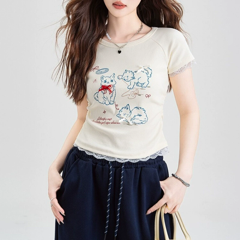 Супер красивая и милая сексуальная кружевная футболка с короткими рукавами и бантом для женщин, милый тонкий короткий топ в стиле чистой страсти