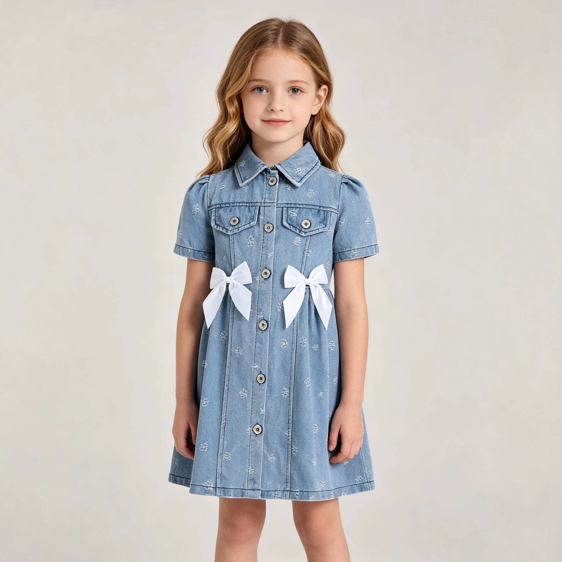 New summer collection of children’s clothing: girls’ short-sleeved, collared, jacquard-patterned denim cardigan dress, featuring a European and American fashion style