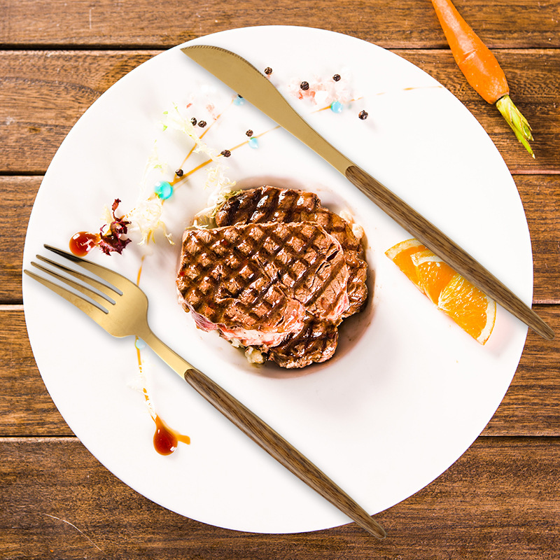 Stainless Steel Flatware Set With Wood Grain Handle 4 Piece_voghion.com