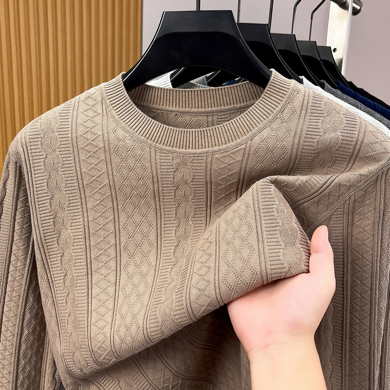 Men's pure cotton knit sweater, spring and autumn, round neck, long sleeve, pullover, old money style, cable knit, round neck, base shirt, sweater