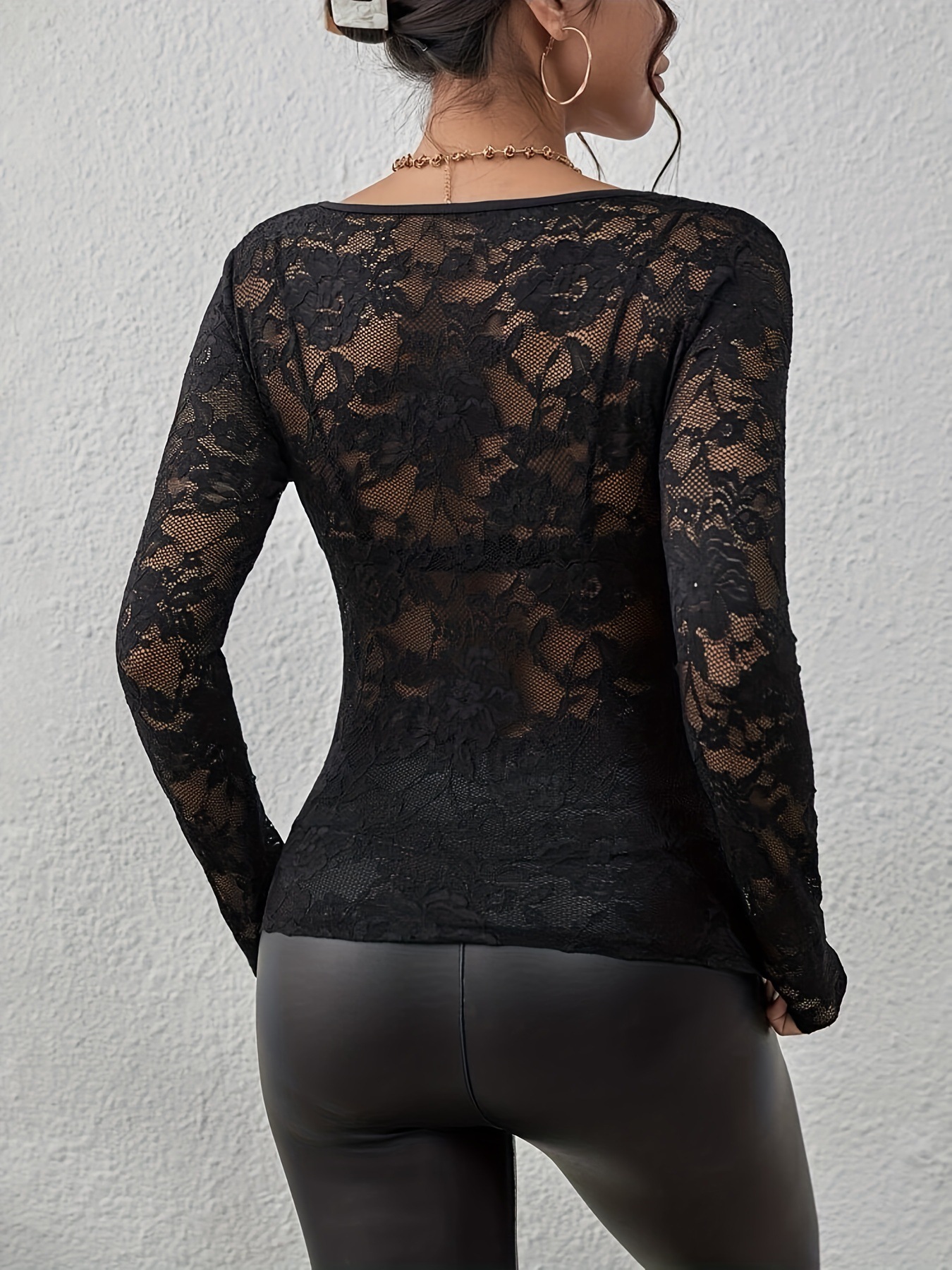 154g Weight Long Sleeve Sleeve Length Regular Sleeve Sleeve Type Lace, Nylon Fabric Type Ordinary Model (50cm <Length ≤ 65cm) Top Length Pullovers Tops Type Nightclub, Date, Tea Party Occasion V Neck Neckline Lace Function Slim Fit Type Solid Color Pattern 2025 Spring and Summer Season Women's Gender Elegant Style, Temperament Commuter Style 2025 Spring New Sexy Single Layer Flower Lace Fan Decoration Bottoming Shirt Top Female 8