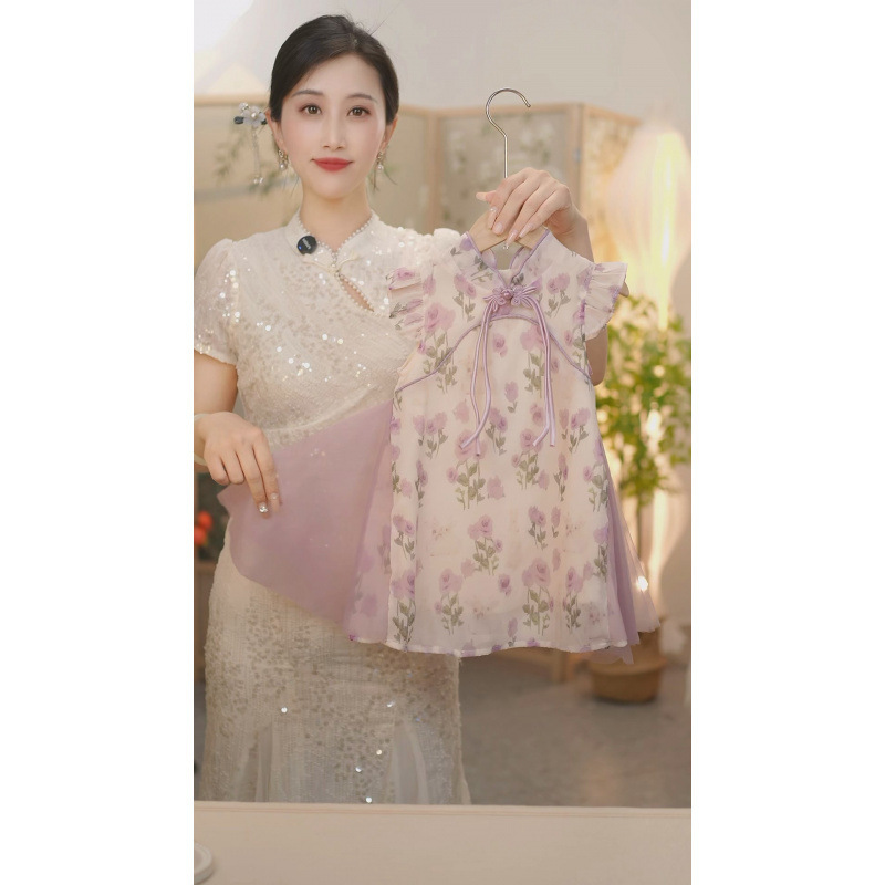 现货SC150【紫丁香】女童夏季新中式紫色网纱小飞袖新款国风旗袍|undefined