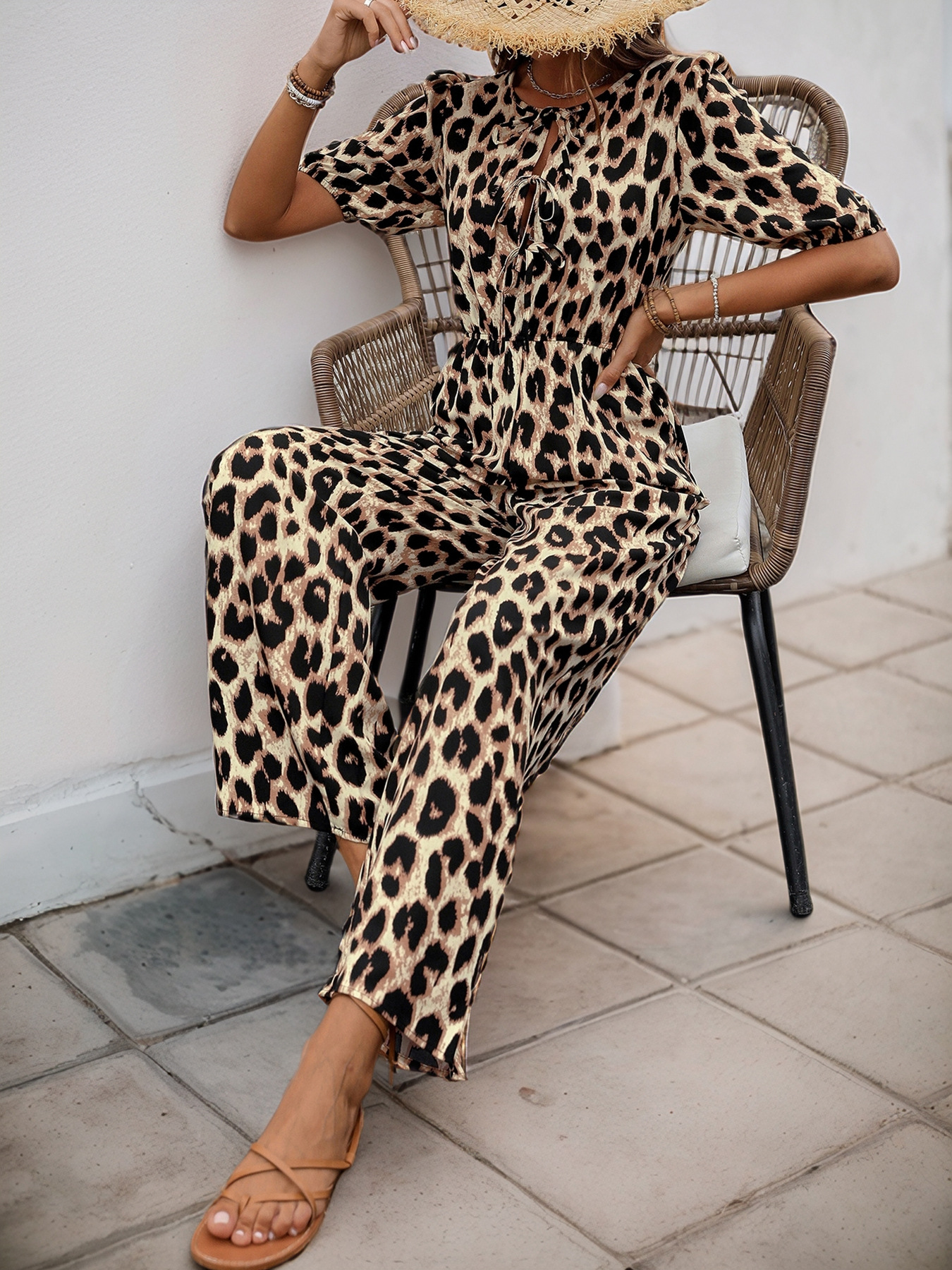 Summer Jumpsuit Tied High Waist Leopard Print Jumpsuit