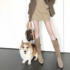 Pleated pile boots for women 2023 new thin high-top western boots thick heel sleeve knight boots