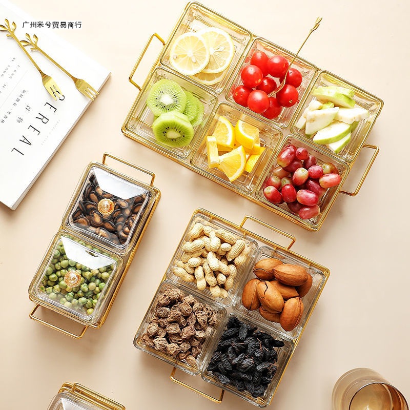 Glass Divided Fruit Plate with Lid for Home Living Room Snack Plate Candy Dried Fruit Plate Ktv Bar Melon Seed Snack Plate