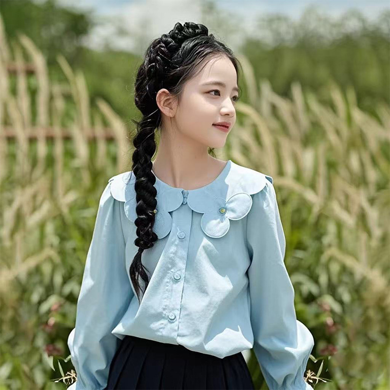 子供服の女の子の花の子供の襟の白いシャツの秋の子供の中で大きい子供の洋風の長袖のシャツの学院の風|undefined