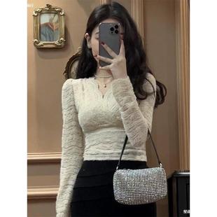 2023 Early Autumn New Low-Neck Lace Bottoming Shirt for Women in Autumn and Winter with Sweater and Fur Inner Collar Mesh Top