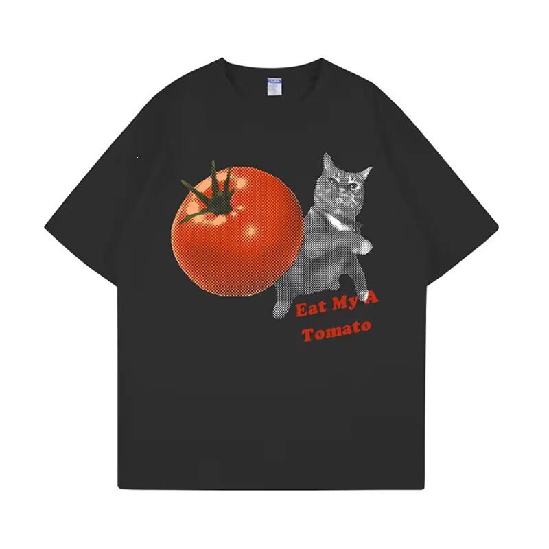 European Size Funny Cat Emoji T-Shirt Tomato Throwing Kitten Print T-Shirt Couple T-Shirt Women's Comfortable Plus Size T-Shirt