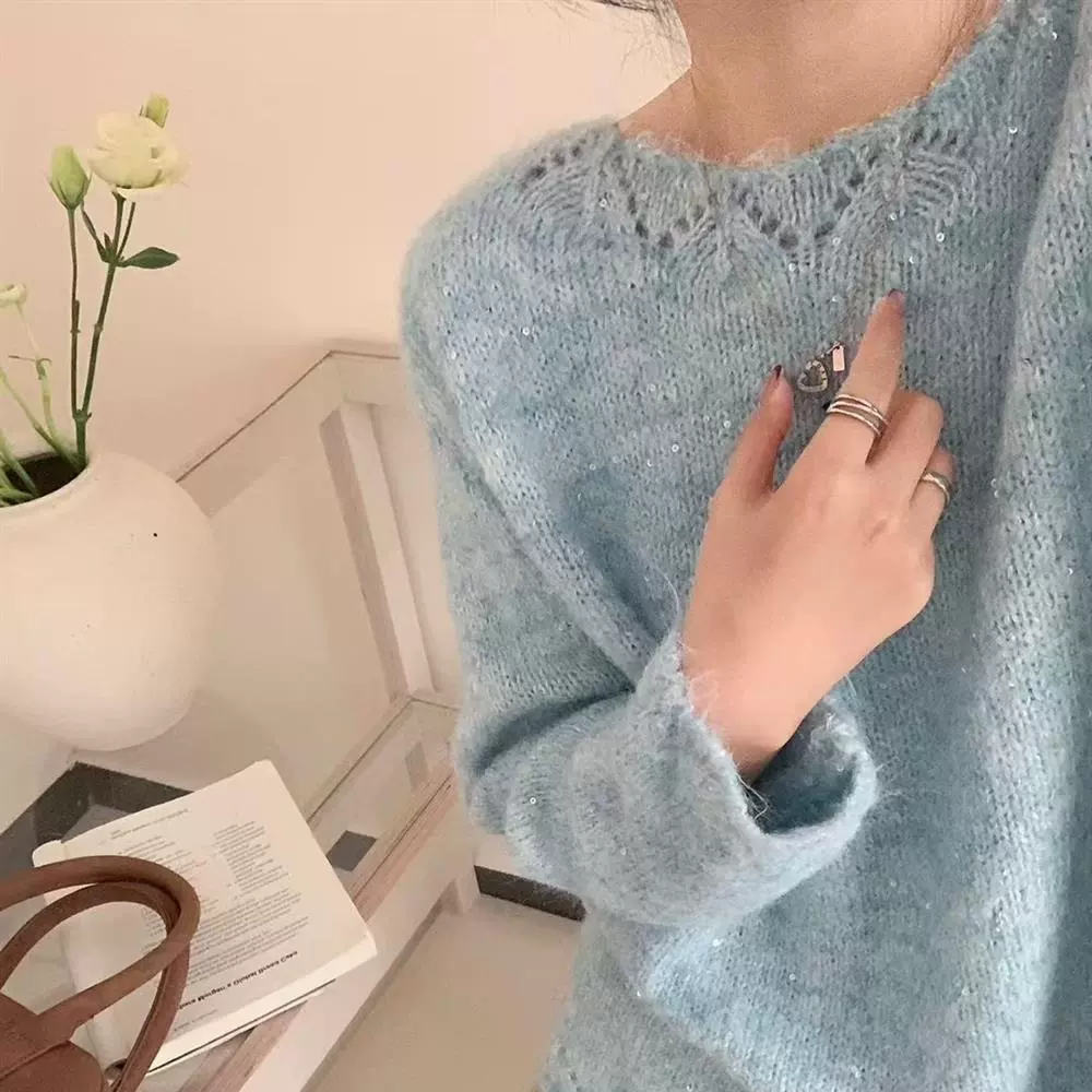 韩系薄款亮片设计感针织衫女春秋新款马海毛软糯宽松套头毛衣上衣