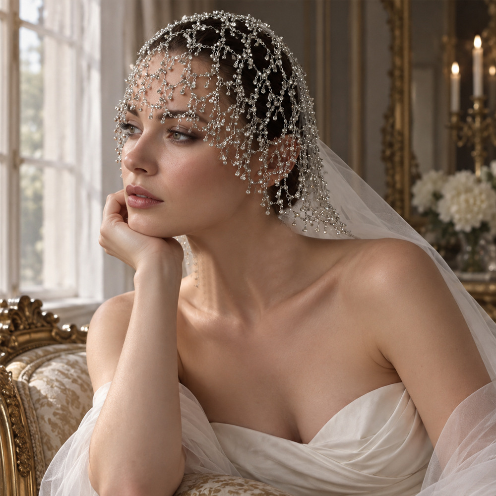 Cross-border best-selling hollow mesh hair chain, heavy-duty, lightweight, and luxurious rhinestone tassel headpiece, elegant wedding and party dress accessory