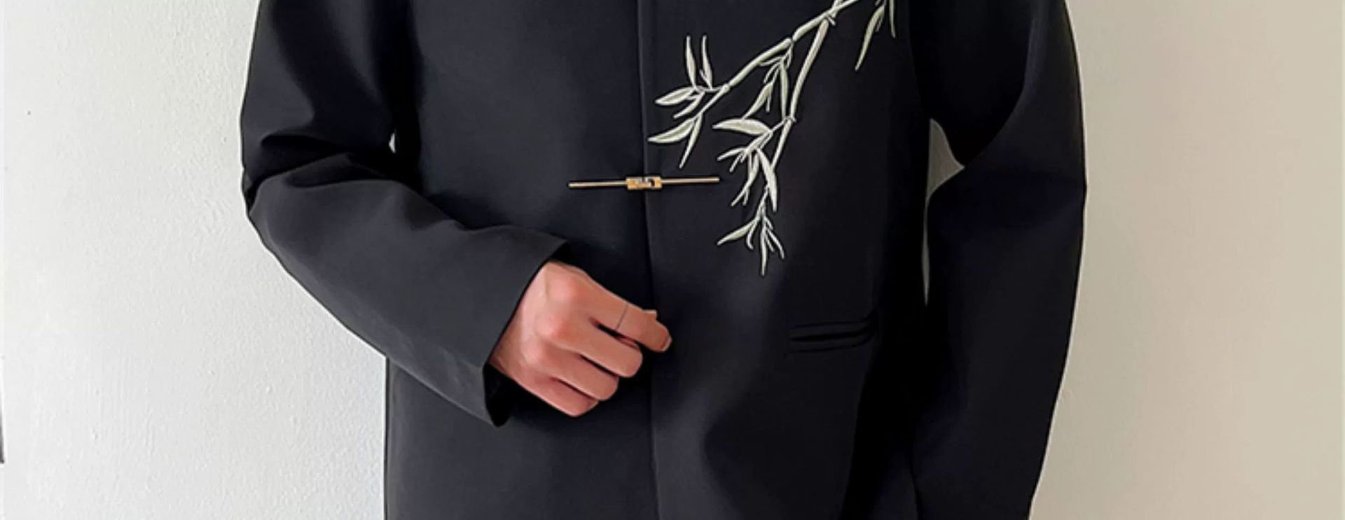 1 Yeni Çin Hafif Ulusal Üst Siyah Dik Yaka Bambu Batı Ceket Erkek İlkbahar Sonbahar Uçak Düğmesi Etnik Stil_voghion.com