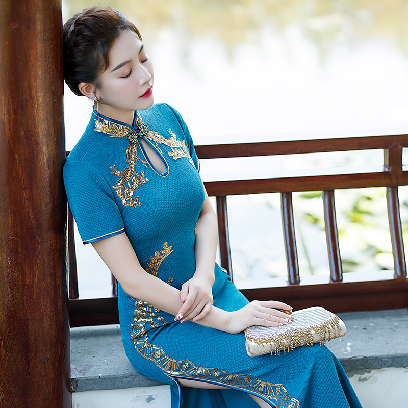 chinese blue dress size Plus Size Plum Blossom Neo-Chinese Improved Qipao Dress — Vintage Blue