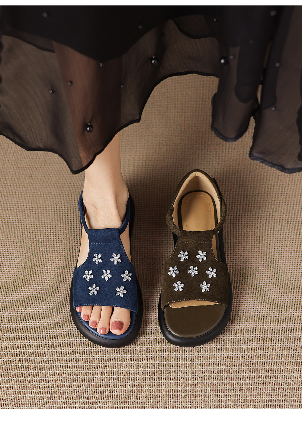 Sandal nữ hở mũi đế dày da cừu đính hoa đá — Màu xanh da trời chi tiết 2
