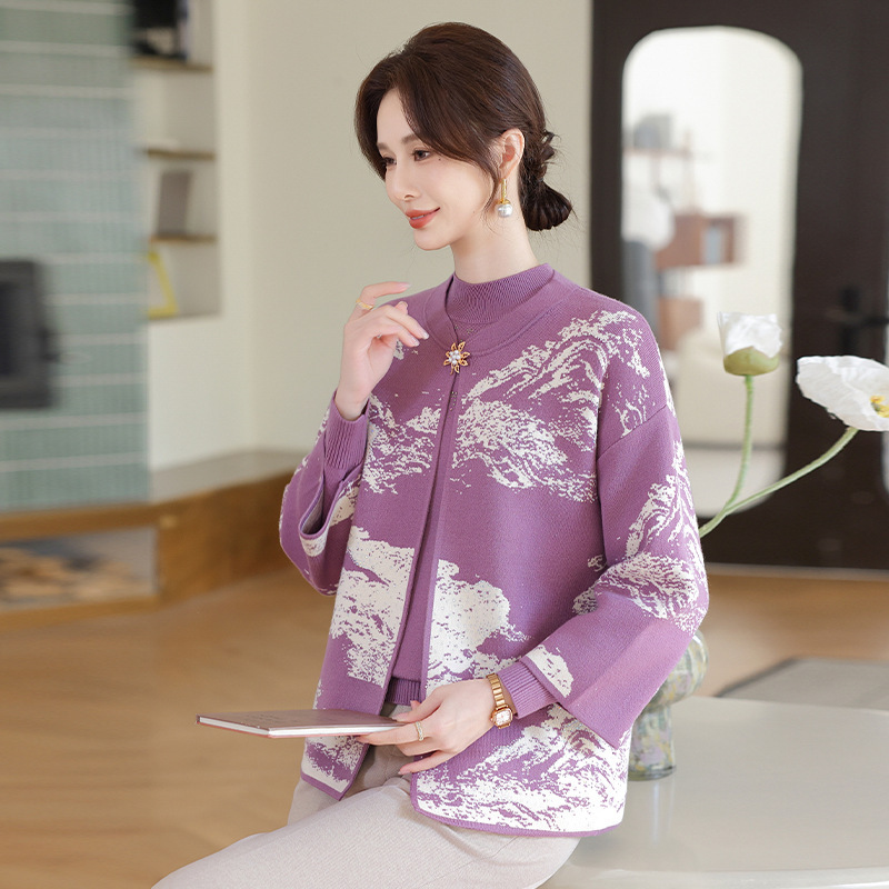 2025新款妈妈秋装针织外套洋气中老年女装秋冬上衣圆领毛衣两件套|undefined