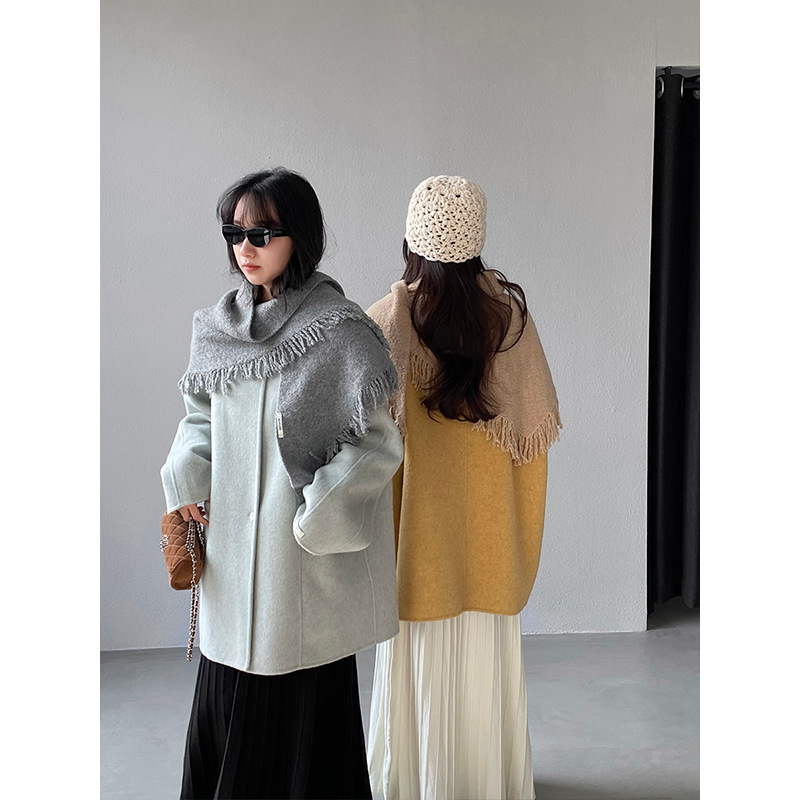 江左 韩系氛围感流苏围巾圆领双面呢大衣高级感中长款外套 8577