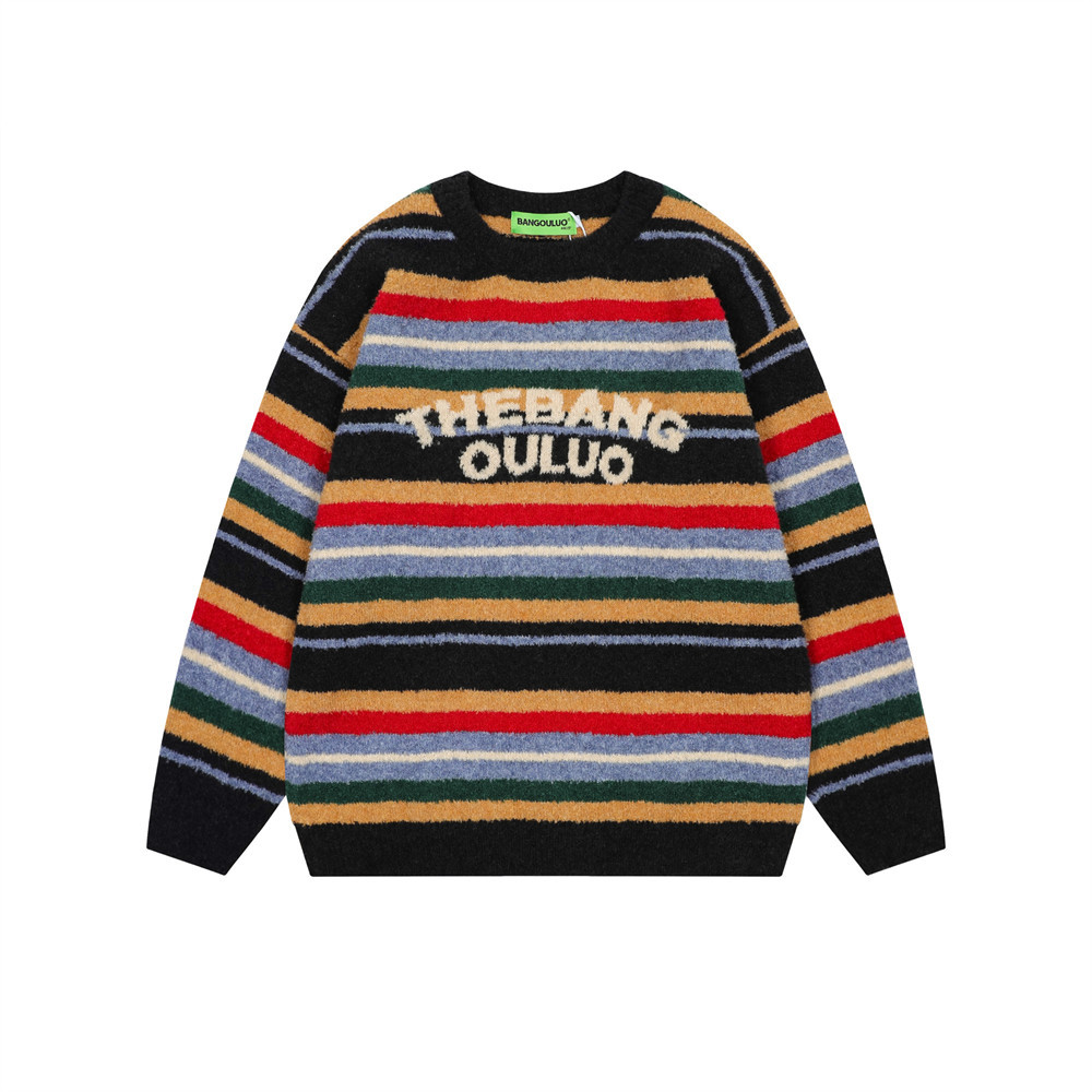 Striped Crewneck Sweater For Boys – Colorful Knit Pullover, Loose Fit & Street Style (S-XL)_voghion.com