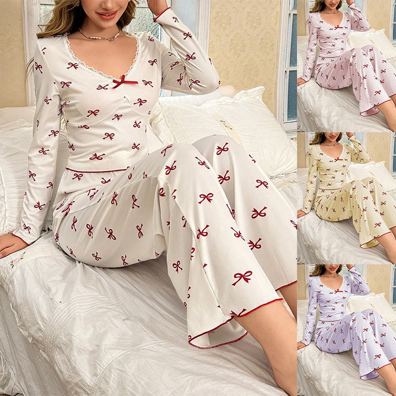 Cross-Border Amazon European and American Pajamas Bow Print Trousers Long-Sleeved Stretch Women's Wearable Home Wear Set