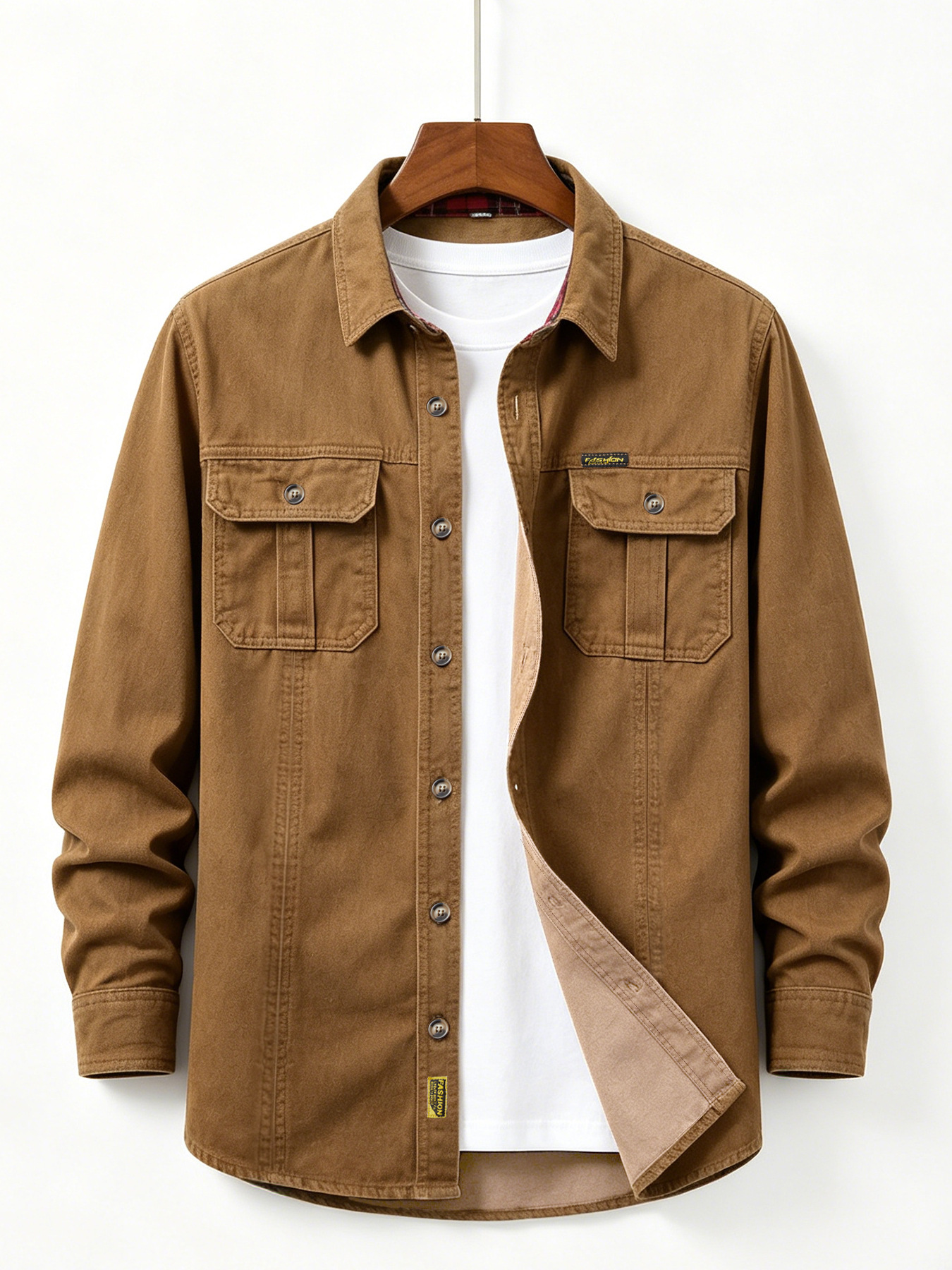​​Men's Casual Brown Denim Shirt, Stretch Comfort Vintage Style Long Sleeve Shirt With Multiple Pockets For Daily Wear​​_viptrois.com