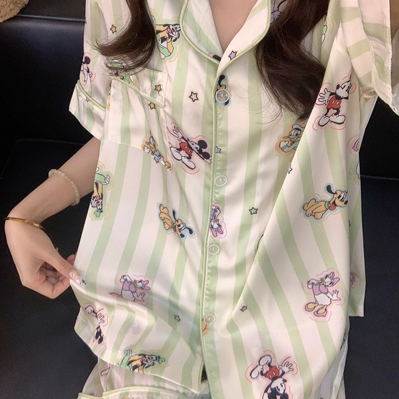 Cartoon Ice Silk Pajamas for Women, Spring and Summer Cardigan with Lapels, Cute Girl Short-Sleeved Three-Piece Set, Silk Home Clothes