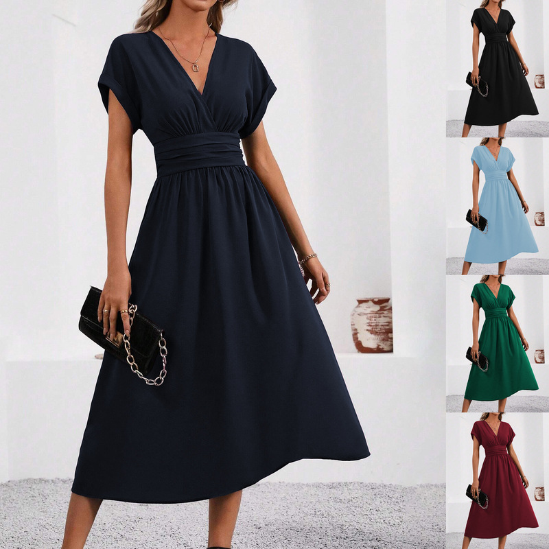 Ladies Summer Solid Color Overlapping V Neck Batwing Sleeve Waist Pleated Long Elegant Dress, Women's Clothing Long Dress Ladies Summer Solid Color Overlapping V Neck Batwing Sleeve Waist Pleated Long Elegant Dress, Women's Clothing Long Dress