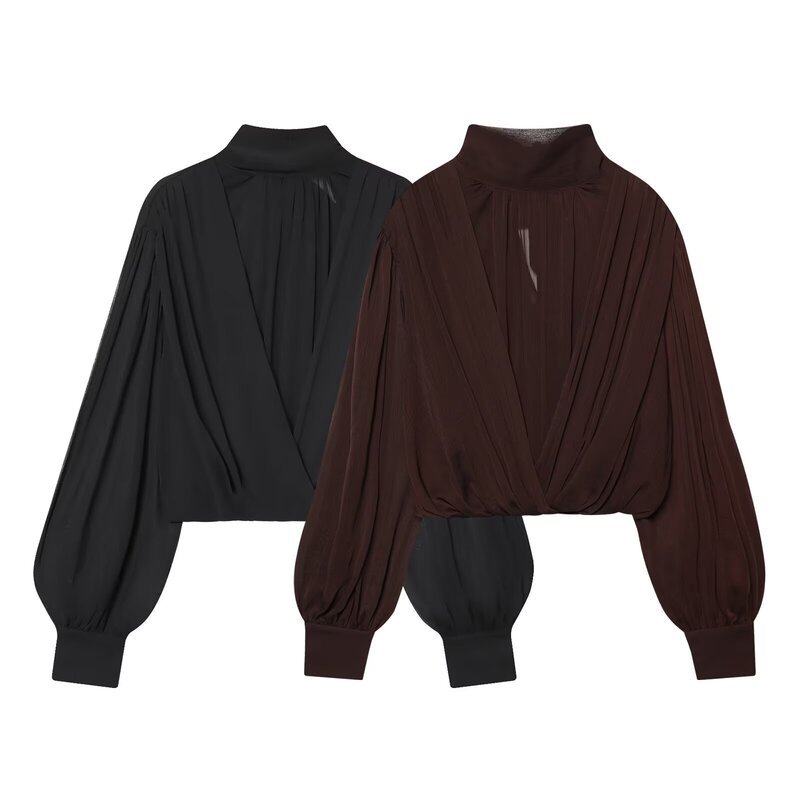 Aliexpress Wholesale Autumn New Women's Versatile Stand Collar Pleated Semi-Transparent Balloon Style Top 3666187