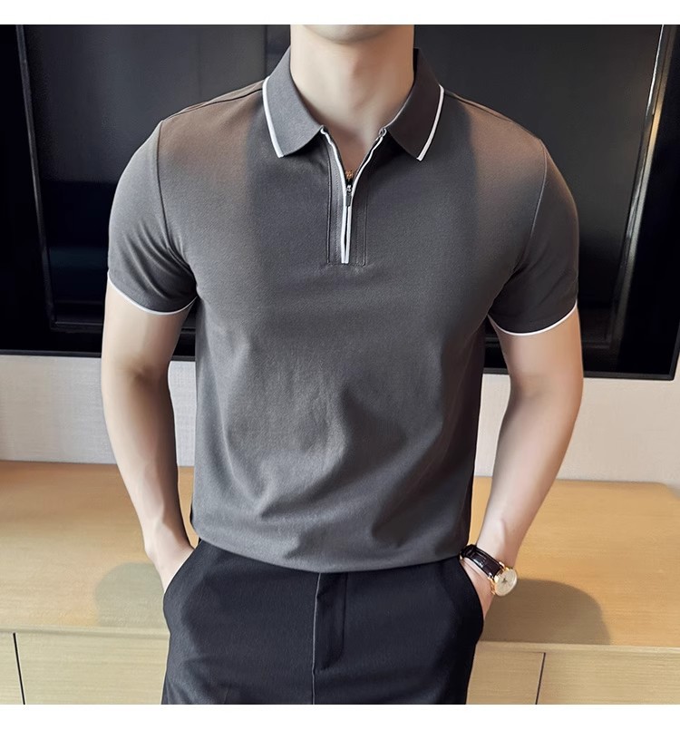 "Men's Slim-Fit Zip Polo Shirt – Breathable Cotton Short Sleeve With Embroidered Detail, Business Casual Summer Top (3 Colors, Sizes M-XXXXL)"_viptrois.com