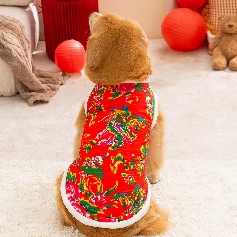 Otoño y invierno perros de tamaño mediano y grande cabello dorado perros de estilo nacional noreste chaqueta de algodón de flores perros de Año Nuevo ropa de perros de mascotas
