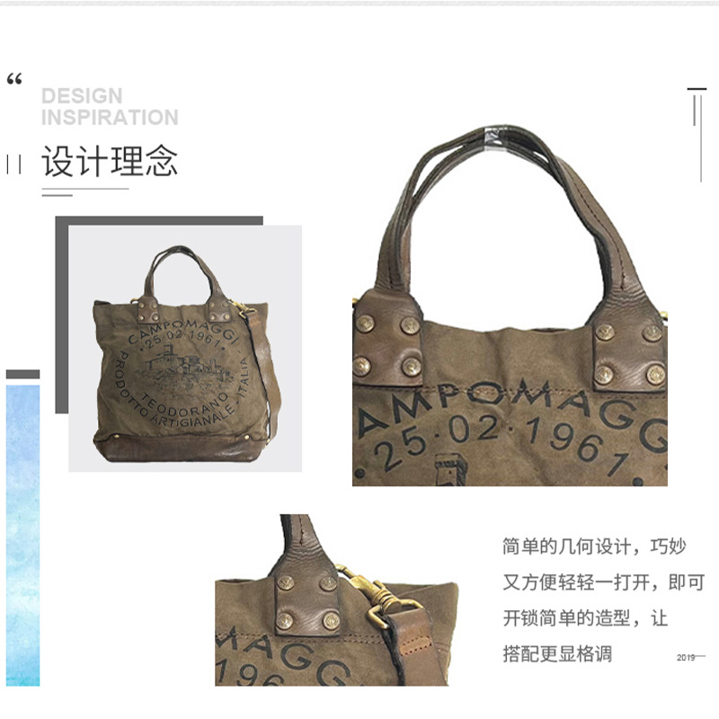 Fábrica directa retro bolso de mano japonés y coreano hoja curtido bolso de cuero de vaca letras bolso lienzo color de contraste empalme de mano