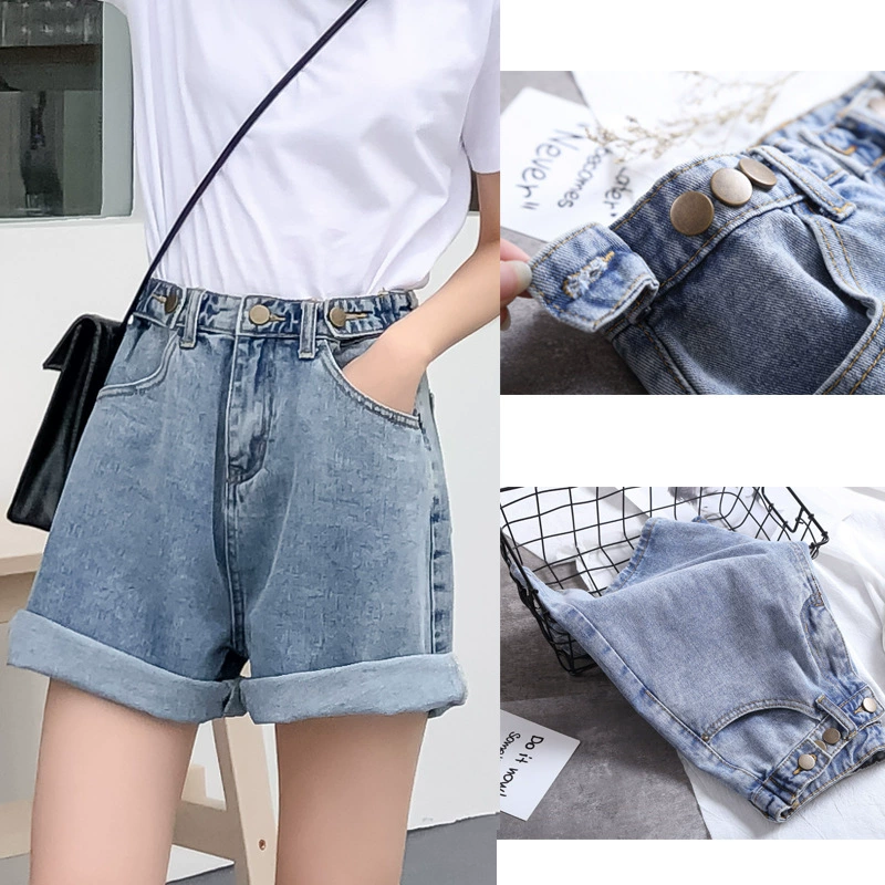 Новые летние джинсовые шорты в стиле BF для женщин, широкие завитые шорты в стиле ретро с высокой талией, регулируемые шорты