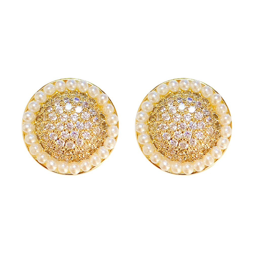 New Style Geometric Round Inlaid Rhinestone Pearl Stud Earrings display picture 4