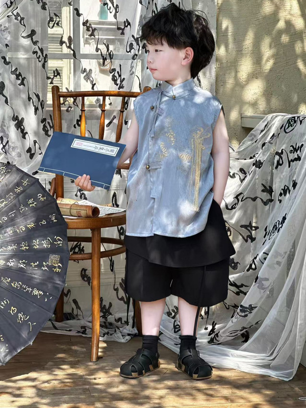 ボーイズスーツ 2025 夏の新スタイルスタンドカラーキリン刺繍トップトレンディな中国風子供の国民風ドロップシッピング|undefined