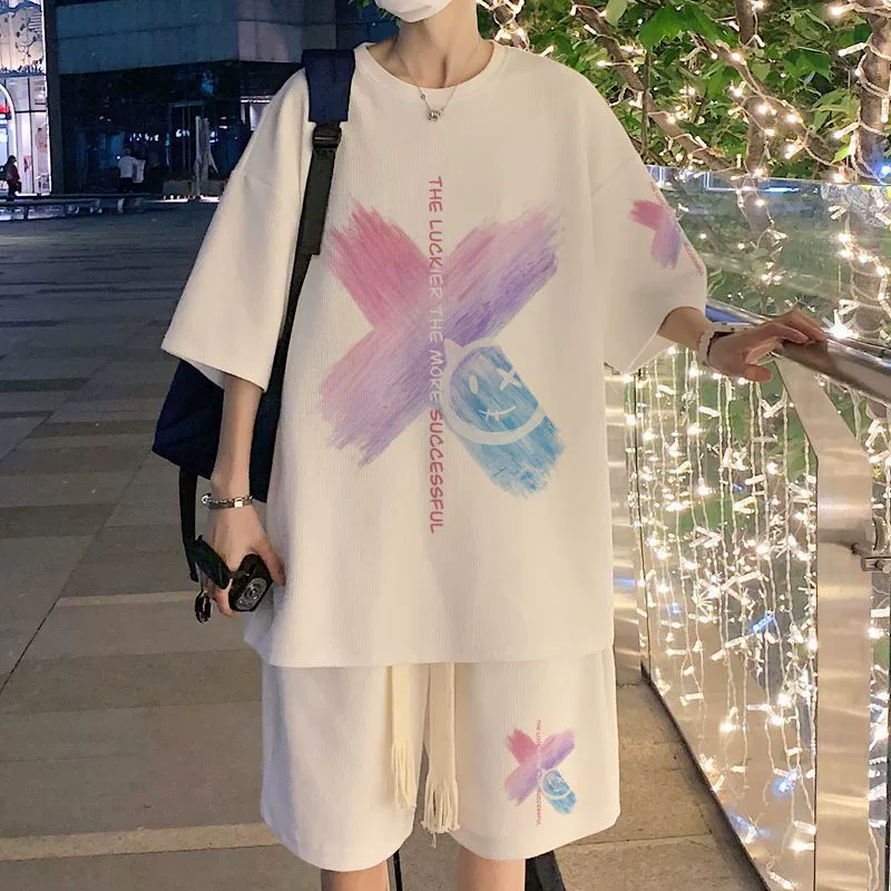 Гонконгский стиль, японский уличный хип-хоп, комплект с короткими рукавами, мужские шорты с пятью точками, повседневный спортивный костюм для пары