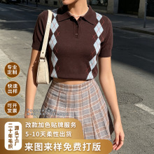 俄罗斯跨境批发外贸女装美式复古学院风夏短袖POLO针织衫批发厂家
