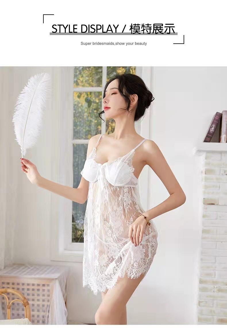 Lace Babydoll Nightdress with Underwire and Chest Pads, Sheer White Sleepwear Set with Thong — detail image 12